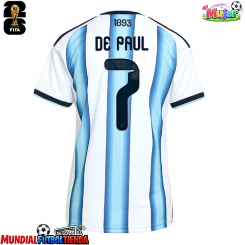 Camiseta Argentina Rodrigo De Paul #7 Primera Equipación Replica Mundial 2026 para mujer mangas cortas